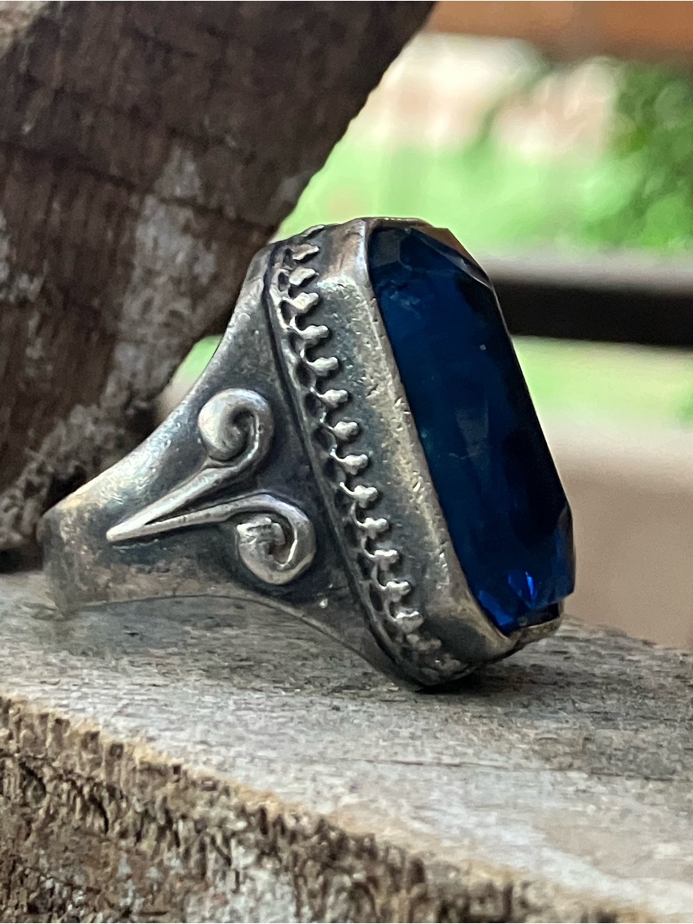 925 Intaglio Cameo Reverse Carved Blue Glass Vintage Sterling Silver Ring 7